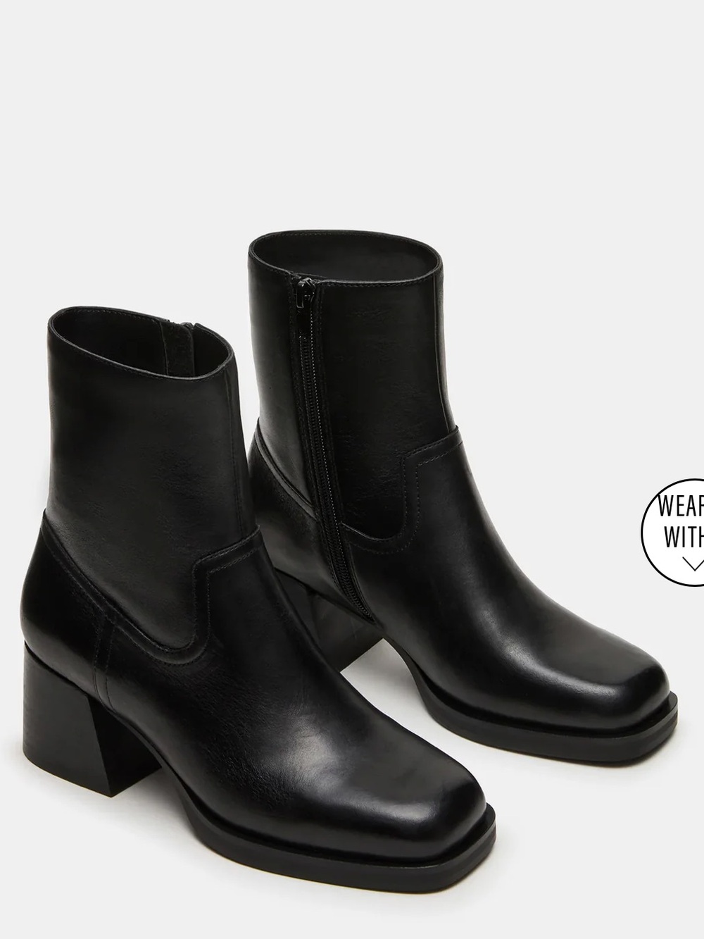Steve Madden Black Leather Square-Toe Ankle Boots with Block Heel